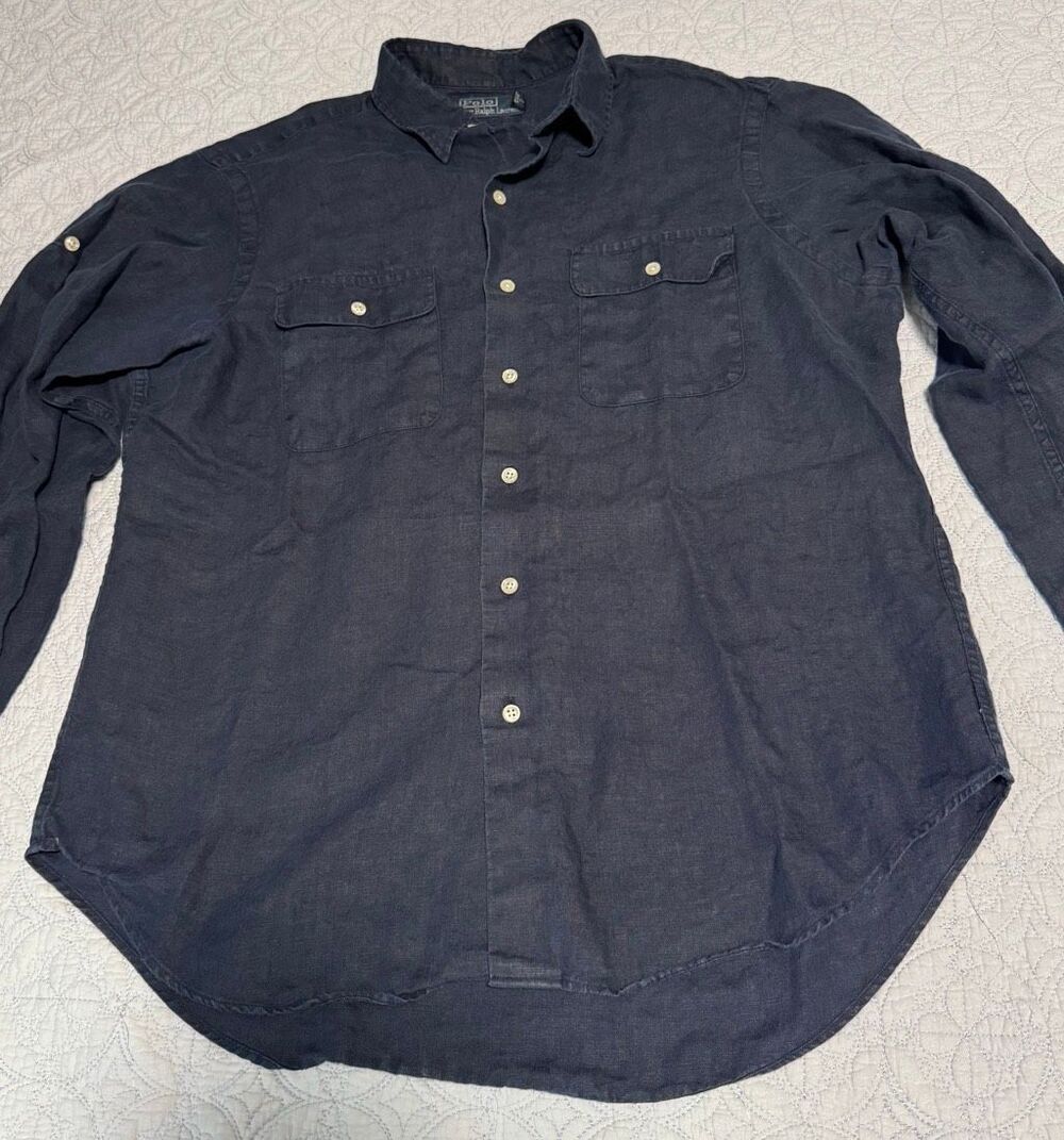 Polo Ralph Lauren Navy Linen Shirt Mens Size L - Picture 5 of 8